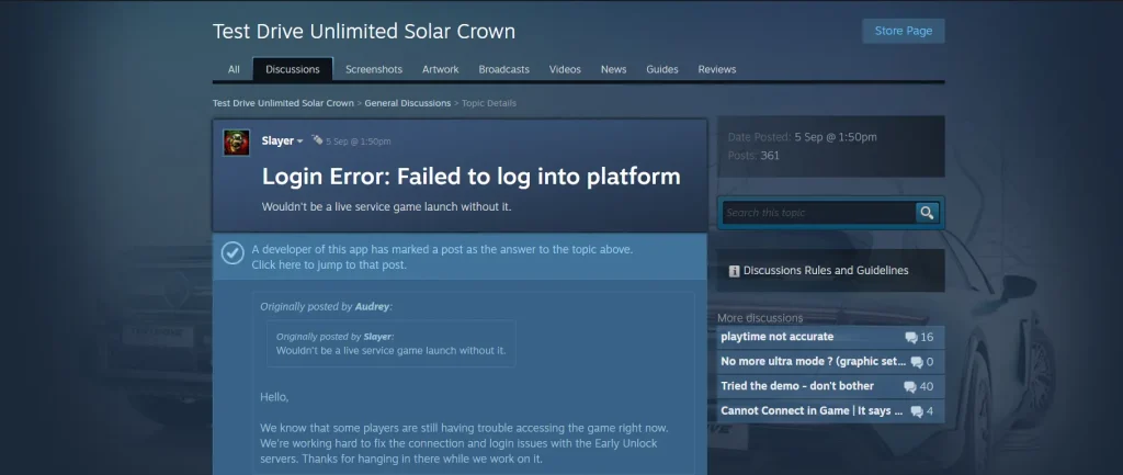 Login Error - Test Drive Unlimited Solar Crown 